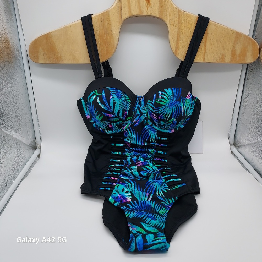 Swimsuits For All Tropical Palm Underwire One‎ Piece Swimsuit Black Blue Size 12